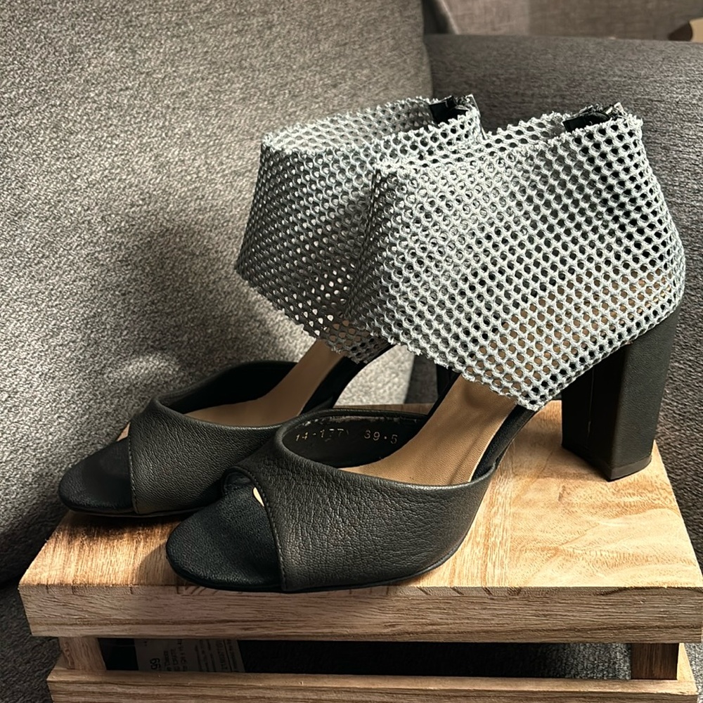 ALL BLACK Black and Grey Mesh Open Toe Heel